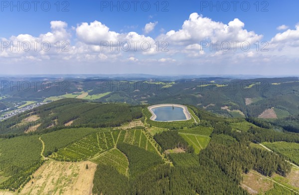 Aerial view, pumped-storage power station upper reservoir, Schönholthausen, Finnentrop, Sauerland, North Rhine-Westphalia, Germany, DE, Europe, aerial view, aerial photography, aerial photography, overview, birds-eyes view, overview, wolle süd süd