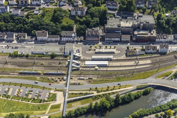 Aerial view, Finnentrop railway station with pedestrian bridge, Finnentrop, Sauerland, North Rhine-Westphalia, Germany, railway tracks, railway station, DE, Deutsche Bahn AG, Europe, central station, main station, aerial view, aerial photography, aerial photography, overview, bird's-eye view, overview