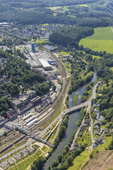 Aerial view, Finnentrop railway station with pedestrian bridge, Finnentrop, Sauerland, North Rhine-Westphalia, Germany, railway tracks, railway station, DE, Deutsche Bahn AG, Europe, central station, main station, aerial view, aerial photography, aerial photography, overview, bird's-eye view, overview
