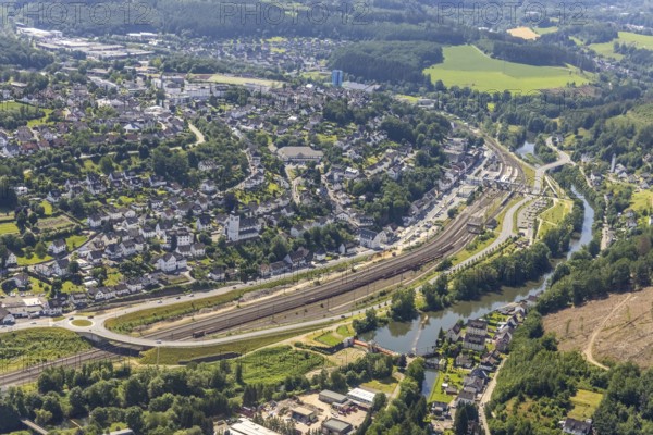 Aerial view, Finnentrop railway station with pedestrian bridge, Finnentrop, Sauerland, North Rhine-Westphalia, Germany, railway tracks, railway station, DE, Deutsche Bahn AG, Europe, central station, main station, Lennepark, aerial view, aerial photography, aerial photography, overview, bird's-eye view, bird's-eye view, overview