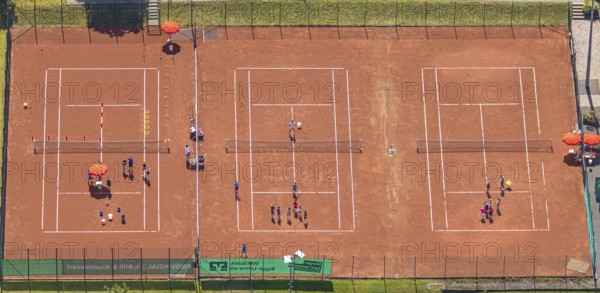 Aerial view, tennis courts with youth training, Rönkhausen, Finnentrop, Sauerland, North Rhine-Westphalia, Germany, DE, Europe, aerial view, aerial photography, aerial photography, sports, tennis, tennis facility, tennis courts, training, overview, bird's-eye view, overview