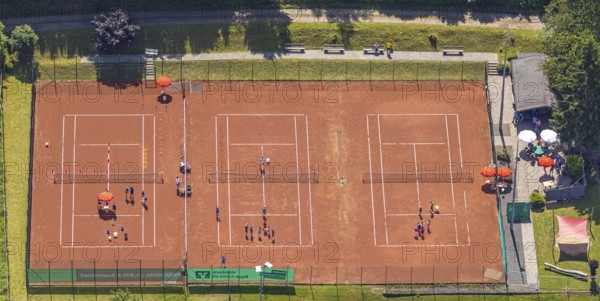 Aerial view, tennis courts with youth training, Rönkhausen, Finnentrop, Sauerland, North Rhine-Westphalia, Germany, DE, Europe, aerial view, aerial photography, aerial photography, sports, tennis, tennis facility, tennis courts, training, overview, bird's-eye view, overview