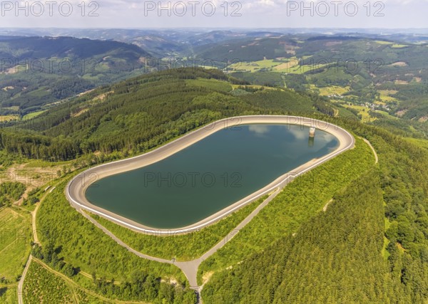 Aerial view, pumped storage plant Oberbecken, Schönholthausen, Finnentrop, Sauerland, North Rhine-Westphalia, Germany, DE, Europe, aerial view, aerial photography, aerial photography, overview, bird's-eye view, overview