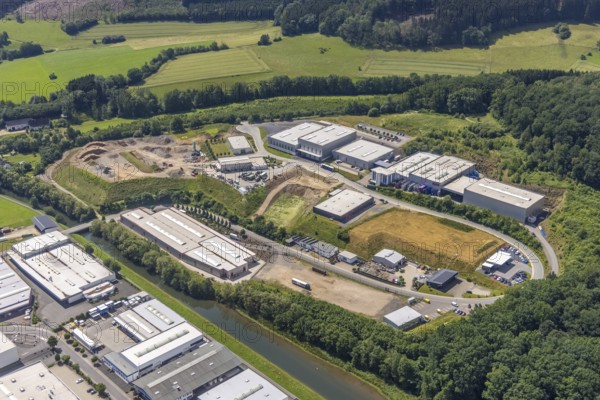 Aerial view, industrial area Frielentrop III Kalkofenstraße, Frielentrop, Finnentrop, Sauerland, North Rhine-Westphalia, Germany, DE, Europe, commercial enterprises, commercial area, commercial park, commercial location, commercial use, industrial area, industrial building, industrial location, aerial photograph, aerial photography, aerial photography, overview, bird's-eye view, bird's-eye view, overview