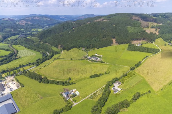 Aerial view, forest area with forest damage at Ruthenberg, farms in Pasel district, Plettenberg, Sauerland, North Rhine-Westphalia, Germany, tree dieback, bark beetle damage, bark beetle plague, DE, Europe, property tax, real estate, clear-cutting, agricultural business, aerial view, aerial photography, aerial photography, overview, bird's eye view, forest, forest damage, forest dieback, housing and living, residential buildings, housing quality, birds-eyes view, overview