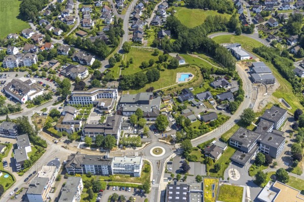 Aerial view, town hall Finnentrop Am Markt, Finto swimming pool, Bigge-Lenne comprehensive school, construction site on Kopernikusstraße, Finnentrop, Sauerland, North Rhine-Westphalia, Germany, bathing establishment, bathing resort, construction work, construction area, building site, building plots, construction project, construction site, authority, education, educational institution, DE, Europe, comprehensive school, roundabout, roundabout, educational institute, aerial view, aerial photography, aerial photography, new building, town hall, school, swimming pool, swimming pool, overview, bird's eye view, birds-eyes view, overview