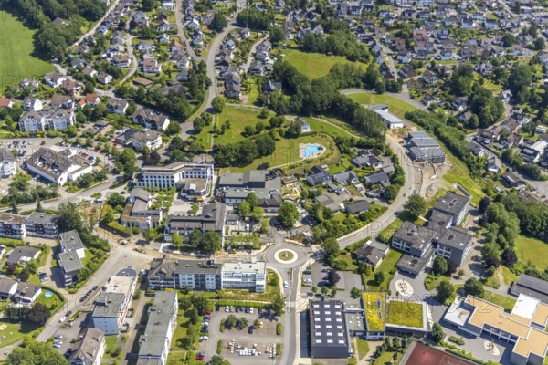 Aerial view, town hall Finnentrop Am Markt, Finto swimming pool, Bigge-Lenne comprehensive school, construction site on Kopernikusstraße, Finnentrop, Sauerland, North Rhine-Westphalia, Germany, bathing establishment, bathing resort, construction work, construction area, building site, building plots, construction project, construction site, authority, education, educational institution, DE, Europe, comprehensive school, roundabout, roundabout, educational institute, aerial view, aerial photography, aerial photography, new building, town hall, school, swimming pool, swimming pool, overview, bird's eye view, birds-eyes view, overview