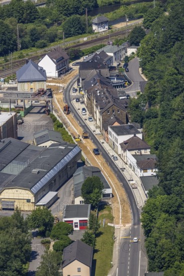 Aerial view, construction site Bamenohler Straße B236, Altfinnentrop, Finnentrop, Sauerland, North Rhine-Westphalia, Germany, construction work, construction area, construction site, building plots, construction project, construction site, DE, Europe, aerial view, aerial photography, aerial photography, road construction, overview, bird's-eye view, overview