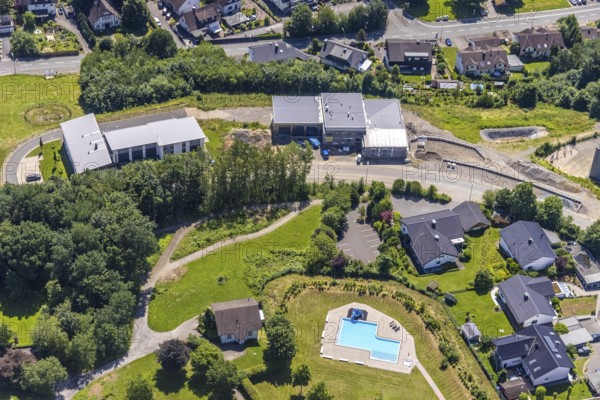 Aerial view, construction site at Kopernikusstraße, Finnentrop, Sauerland, North Rhine-Westphalia, Germany, construction work, construction area, construction site, building plots, construction project, construction site, DE, Europe, aerial view, aerial photography, aerial photography, new construction, overview, bird's-eye view, overview