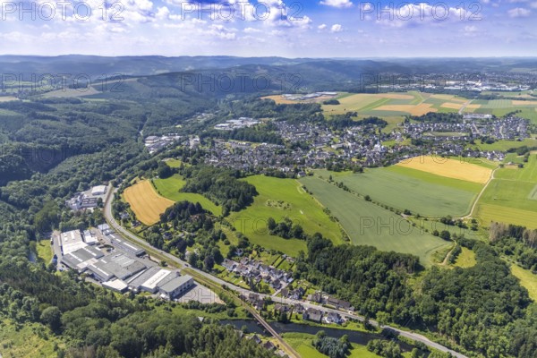 Aerial view, commercial area Am Steinwerk, FIUKA fisherman & Kaufmann GmbH, Altfinnentrop, Finnentrop, Sauerland, North Rhine-Westphalia, Germany, DE, Europe, commercial enterprises, commercial area, commercial park, commercial location, commercial use, industrial area, industrial building, industrial location, aerial photograph, aerial photography, aerial photography, overview, bird's-eye view, bird's-eye view, overview