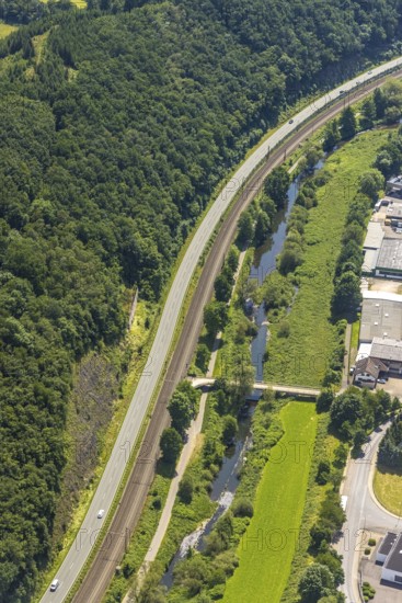 Aerial view, Westfalenstraße and railway tracks with river Lenne, Frielentrop, Finnentrop, Sauerland, North Rhine-Westphalia, Germany, railway tracks, DE, Europe, aerial view, aerial photography, aerial photography, overview, bird's eye view, birds-eyes view, overview