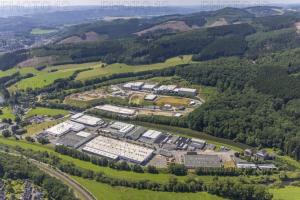 Aerial view, industrial estate Frielentrop III Kalkofenstraße and industrial estate Industriestraße, Frielentrop, Finnentrop, Sauerland, North Rhine-Westphalia, Germany, DE, Europe, commercial enterprises, commercial area, industrial estate, business park, commercial location, commercial use, industrial area, industrial building, industrial location, aerial view, aerial photography, aerial photography, overview, bird's-eye view, birds-eyes view, overview