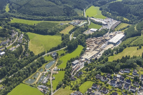Aerial view, Angelpark Lenhausen - Petri Heil Mühlental, Unterer Hammer, Sägewerk Vente-Holz GmbH, Lenhausen, Finnentrop, Sauerland, North Rhine-Westphalia, Germany, fishing ponds, DE, Europe, commercial enterprises, commercial area, commercial area, commercial location, commercial use, wood processing, industrial area, industrial location, aerial view, aerial photography, aerial photography, ponds, overview, bird's-eye view, overview