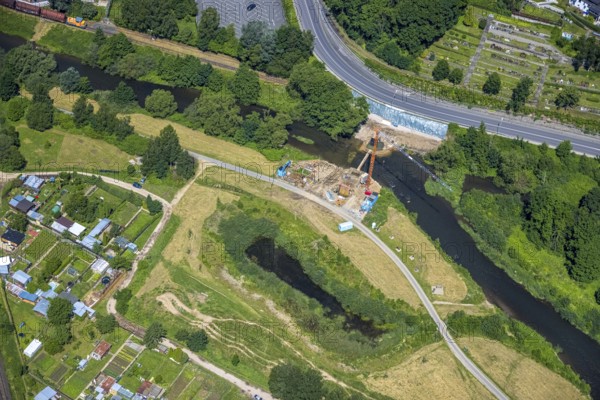 Aerial view, Lennewiesen with Bikepark Finnentrop and construction site at the river Lenne, Bamenohl, Finnentrop, Sauerland, North Rhine-Westphalia, Germany, construction work, construction area, building site, building plots, construction project, construction site, DE, Europe, aerial view, aerial photography, aerial photography, overview, bird's-eye view, overview