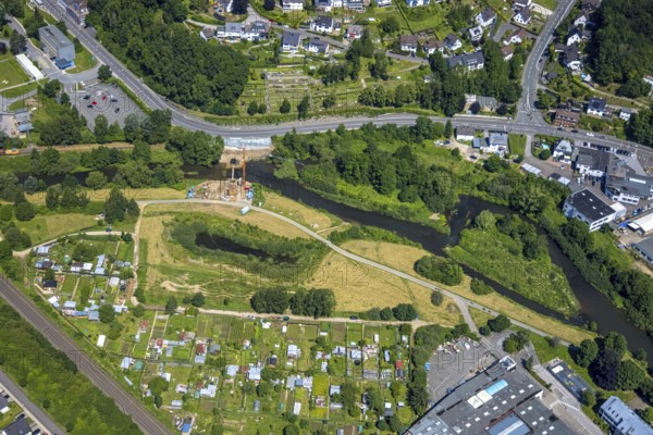 Aerial view, Lennewiesen with Bikepark Finnentrop and construction site at the river Lenne, Bamenohl, Finnentrop, Sauerland, North Rhine-Westphalia, Germany, construction work, construction area, building site, building plots, construction project, construction site, DE, Europe, aerial view, aerial photography, aerial photography, overview, bird's-eye view, overview