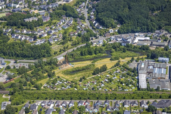 Aerial view, Lennewiesen with Bikepark Finnentrop and construction site at the river Lenne, Bamenohl, Finnentrop, Sauerland, North Rhine-Westphalia, Germany, construction work, construction area, building site, building plots, construction project, construction site, DE, Europe, aerial view, aerial photography, aerial photography, overview, bird's-eye view, overview