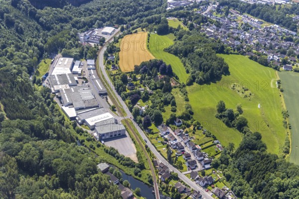 Aerial view, commercial area Am Steinwerk, FIUKA fisherman & Kaufmann GmbH, Altfinnentrop, Finnentrop, Sauerland, North Rhine-Westphalia, Germany, DE, Europe, commercial enterprises, commercial area, commercial park, commercial location, commercial use, industrial area, industrial building, industrial location, aerial photograph, aerial photography, aerial photography, overview, bird's-eye view, bird's-eye view, overview