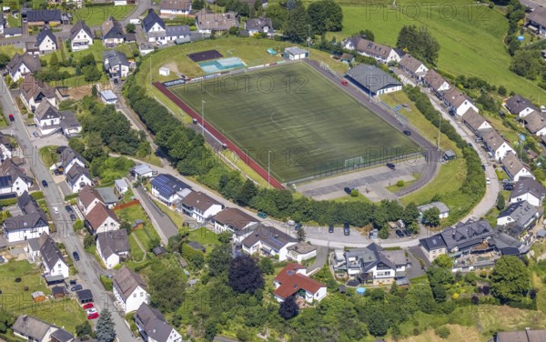 Aerial photo, Heggen sports ground, Finnentrop, Sauerland, North Rhine-Westphalia, Germany, DE, Europe, football pitch, football stadium, aerial photo, aerial photography, aerial photography, sports, sports facilities, sports ground, sports venue, overview, bird's-eye view, overview