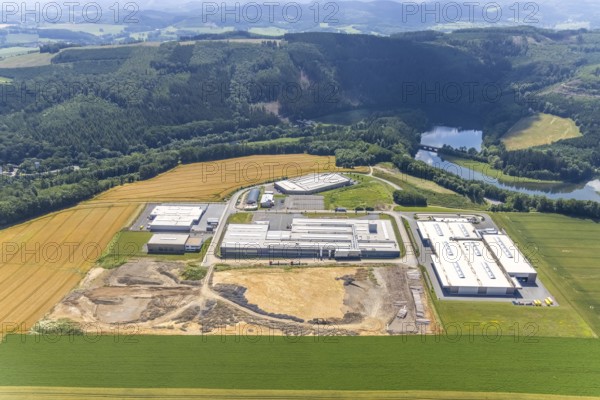Aerial view, commercial area and building site Eibachstraße at Ahauser Stausee, Heggen, Finnentrop, Sauerland, North Rhine-Westphalia, Germany, DE, Europe, commercial enterprises, commercial area, commercial site, commercial use, industrial area, industrial building, industrial site, aerial photograph, aerial photography, aerial photography, overview, bird's-eye view, bird's-eye view, overview