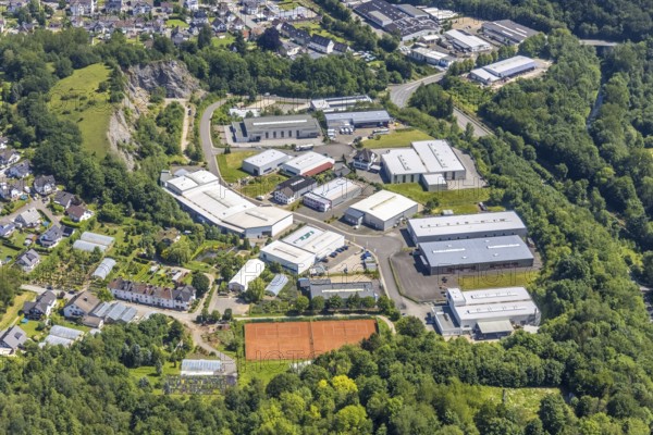Aerial view, commercial area Zum Elberskamp in Heggen, Finnentrop, Sauerland, North Rhine-Westphalia, Germany, DE, Europe, commercial enterprises, commercial area, commercial park, commercial location, commercial use, industrial area, industrial building, industrial location, aerial photograph, aerial photography, aerial photography, overview, bird's-eye view, overview