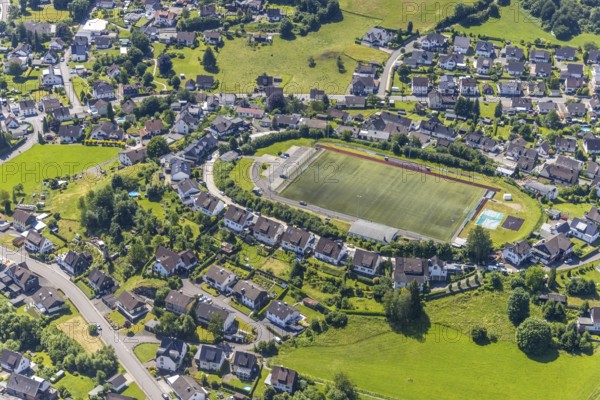 Aerial view, local view and sports field Heggen, Finnentrop, Sauerland, North Rhine-Westphalia, Germany, DE, Europe, football field, football stadium, aerial view, aerial photography, aerial photography, sports, sports facilities, sports field, sports facility, overview, bird's-eye view, overview