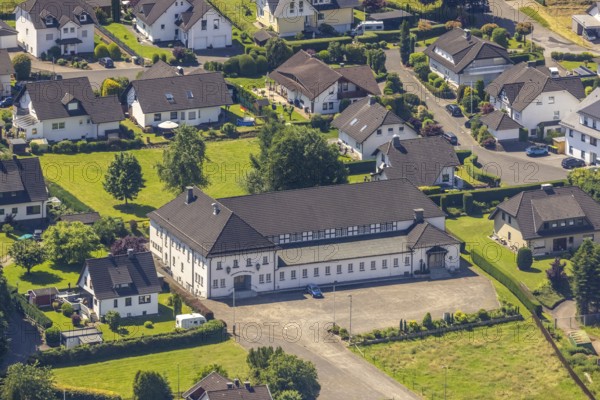 Aerial view, Schützenhalle Heggen, Finnentrop, Sauerland, North Rhine-Westphalia, Germany, DE, Europe, aerial view, aerial photography, aerial photography, shooting club, overview, bird's-eye view, birds-eyes view, overview