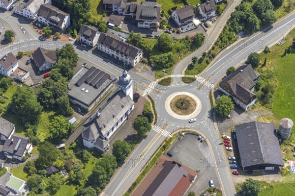 Aerial view, St. Anthony's Catholic Church at the Kilianstraße roundabout in Rönkhausen, Finnentrop, Sauerland, North Rhine-Westphalia, Germany, place of worship, federal road B236, DE, Europe, religious community, place of worship, holy site, church, parish, denomination, roundabout, roundabout, aerial view, aerial photography, aerial photography, religion, religious site, overview, bird's-eye view, overview