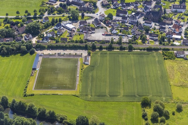 Aerial view, sports field Lenhausen, Lenhausen, Finnentrop, Sauerland, North Rhine-Westphalia, Germany, DE, Europe, football field, aerial view, aerial photography, aerial photography, sports, sports facilities, sports field, sports facility, overview, bird's-eye view, overview