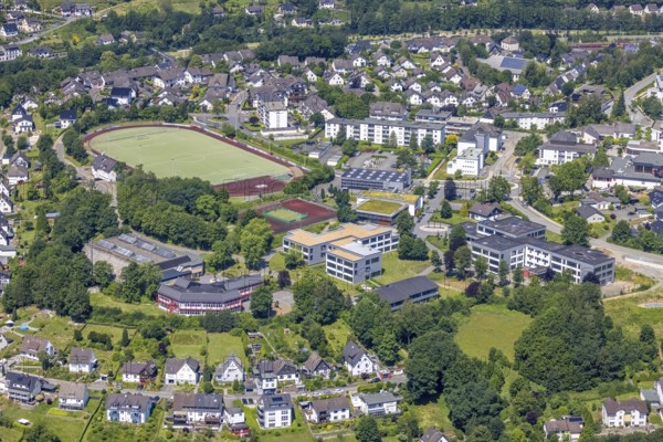 Aerial photo, Bigge-Lenne Comprehensive School and Sports Field School Centre, Finnentrop, Sauerland, North Rhine-Westphalia, Germany, education, educational institution, DE, Europe, comprehensive school, educational institute, aerial photo, aerial photography, aerial photography, school, overview, bird's-eye view, birds-eyes view, overview