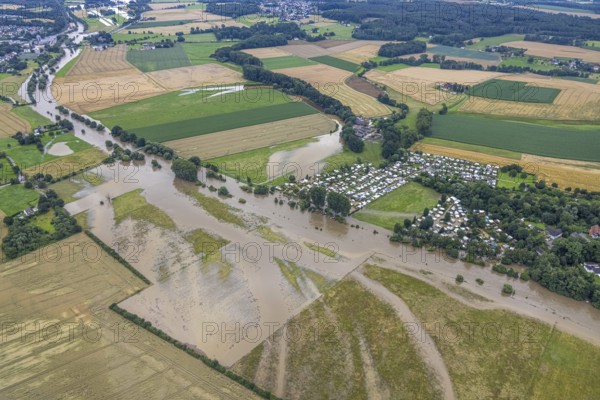 Aerial photo, Ruhr flood, Altendorf, Fröndenberg/Ruhr, Ruhr area, North Rhine-Westphalia, Germany, DE, Europe, birds-eyes view, aerial photography, aerial photography, overview, overview, bird's eye view