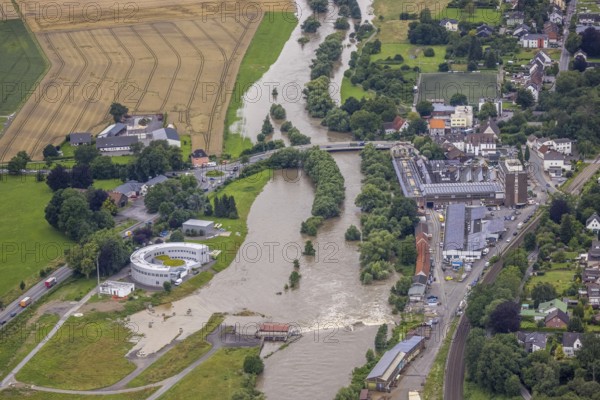 Aerial photo, Ruhr flood, Ardey, Fröndenberg/Ruhr, Ruhr area, North Rhine-Westphalia, Germany, DE, Europe, birds-eyes view, aerial photography, aerial photography, overview, overview, bird's eye view