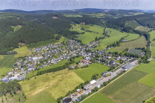 Aerial view, sawmill and village view Serkenrode, Finnentrop, Sauerland, North Rhine-Westphalia, Germany, DE, Europe, aerial view, aerial photography, aerial photography, overview, bird's-eye view, overview