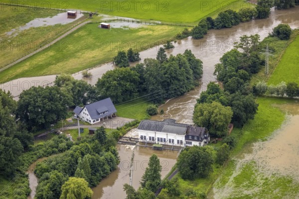 Aerial photo, Ruhr flood, Warmen, Fröndenberg/Ruhr, Ruhr area, North Rhine-Westphalia, Germany, DE, Europe, birds-eyes view, aerial photography, aerial photography, overview, overview, bird's eye view