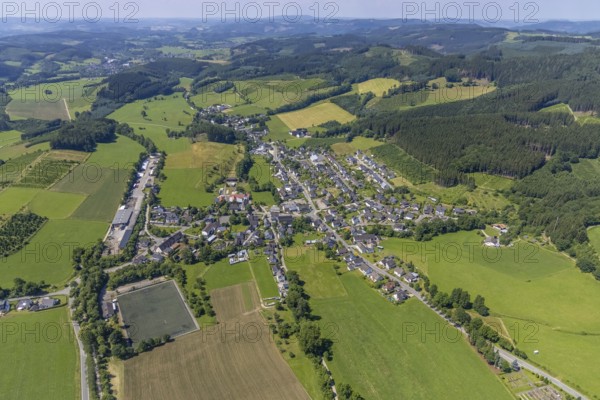 Aerial view, sawmill and village view Serkenrode, Finnentrop, Sauerland, North Rhine-Westphalia, Germany, DE, Europe, aerial view, aerial photography, aerial photography, overview, bird's-eye view, overview