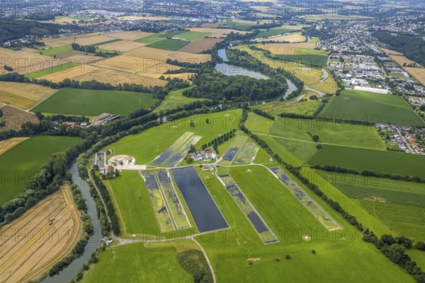 Aerial view, a week ago there was still land under water at this point - the Ruhr was flooding, course of the Ruhr, Warmen, Fröndenberg/Ruhr, Ruhr area, North Rhine-Westphalia, Germany, DE, Europe, birds-eyes view, aerial view, aerial photography, aerial photography, overview, bird's eye view