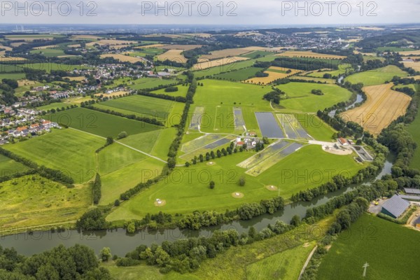 Aerial view, a week ago there was still land under water at this point - the Ruhr was flooding, course of the Ruhr, Schwitten, Menden, Ruhr area, North Rhine-Westphalia, Germany, DE, Europe, birds-eyes view, aerial view, aerial photography, aerial photography, overview, bird's eye view