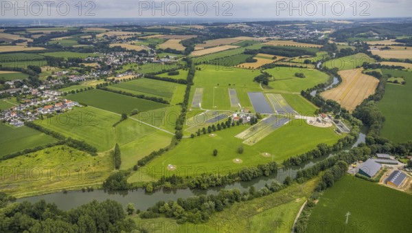 Aerial view, a week ago there was still land under water at this point - the Ruhr was flooding, course of the Ruhr, Schwitten, Menden, Ruhr area, North Rhine-Westphalia, Germany, DE, Europe, birds-eyes view, aerial view, aerial photography, aerial photography, overview, bird's eye view