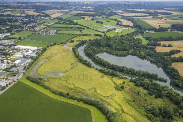 Aerial view, a week ago there was still land under water at this point - the Ruhr was flooding, course of the Ruhr, Fröndenberg, Fröndenberg/Ruhr, Ruhr area, North Rhine-Westphalia, Germany, DE, Europe, birds-eyes view, aerial view, aerial photography, aerial photography, overview, bird's eye view