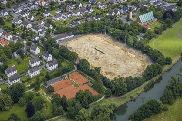 Aerial view, a week ago there was still land under water at this point - the Ruhr was flooding, course of the Ruhr, Schwitten, Menden, Ruhr area, North Rhine-Westphalia, Germany, DE, Europe, birds-eyes view, aerial view, aerial photography, aerial photography, overview, bird's eye view