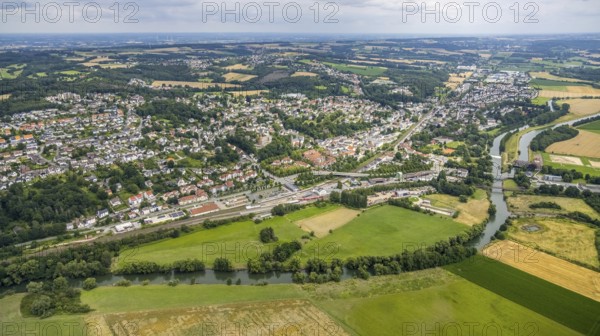 Aerial view, a week ago there was land under water at this point - the Ruhr was flooding, course of the Ruhr, Bösperde, Menden, Ruhr area, North Rhine-Westphalia, Germany, DE, Europe, birds-eyes view, aerial view, aerial photography, aerial photography, overview, bird's eye view