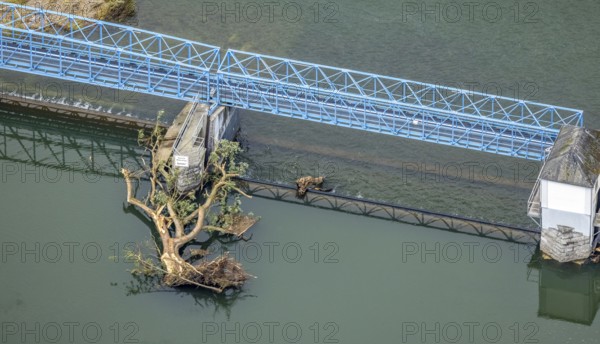 Aerial view, a week ago there was land under water at this point - the Ruhr was flooding, course of the Ruhr, Halingen, Menden, Ruhr area, North Rhine-Westphalia, Germany, DE, Europe, birds-eyes view, aerial view, aerial photography, aerial photography, overview, bird's eye view