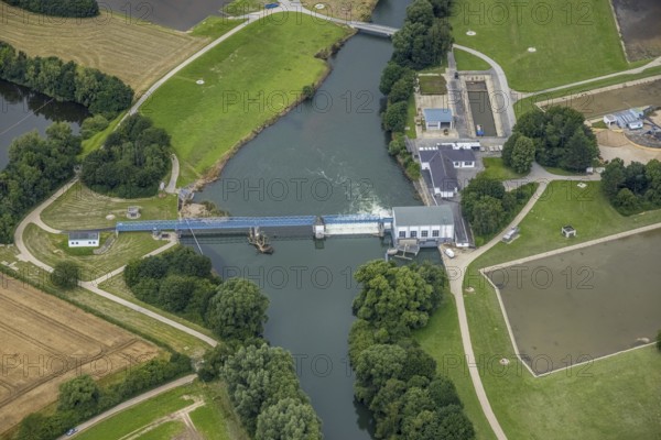 Aerial view, a week ago there was land under water at this point - the Ruhr was flooding, course of the Ruhr, Halingen, Menden, Ruhr area, North Rhine-Westphalia, Germany, DE, Europe, birds-eyes view, aerial view, aerial photography, aerial photography, overview, bird's eye view