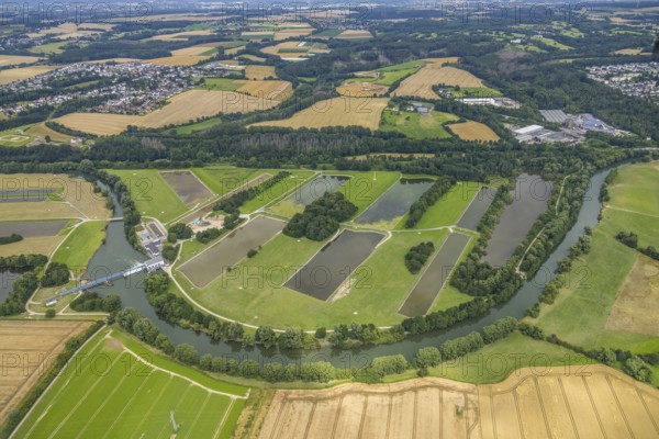 Aerial view, a week ago there was land under water at this point - the Ruhr was flooding, course of the Ruhr, Halingen, Menden, Ruhr area, North Rhine-Westphalia, Germany, DE, Europe, birds-eyes view, aerial view, aerial photography, aerial photography, overview, bird's eye view