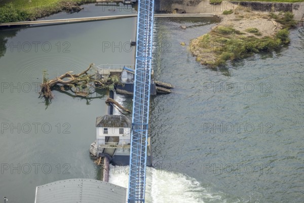 Aerial view, a week ago there was still land under water at this point - the Ruhr was flooding, course of the Ruhr, Fröndenberg, Fröndenberg/Ruhr, Ruhr area, North Rhine-Westphalia, Germany, DE, Europe, birds-eyes view, aerial view, aerial photography, aerial photography, overview, bird's eye view