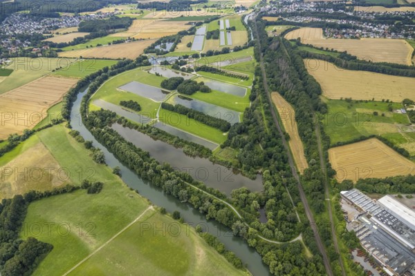 Aerial view, a week ago there was land under water at this point - the Ruhr was flooding, course of the Ruhr, Bösperde, Menden, Ruhr area, North Rhine-Westphalia, Germany, DE, Europe, birds-eyes view, aerial view, aerial photography, aerial photography, overview, bird's eye view
