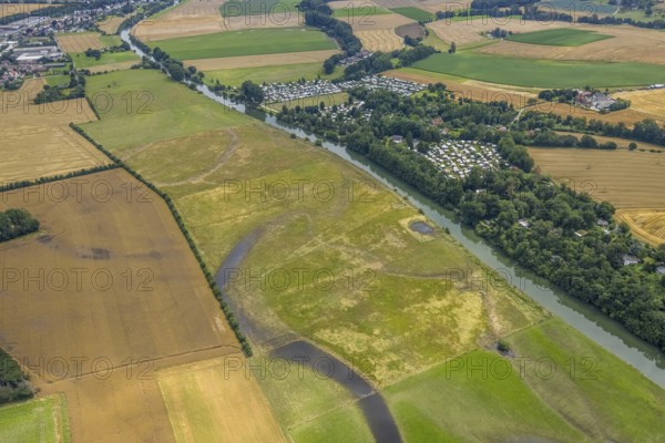 Aerial view, a week ago there was still land under water at this point - the Ruhr was flooding, course of the Ruhr, Altendorf, Fröndenberg/Ruhr, Ruhr area, North Rhine-Westphalia, Germany, DE, Europe, birds-eyes view, aerial view, aerial photography, aerial photography, overview, bird's eye view