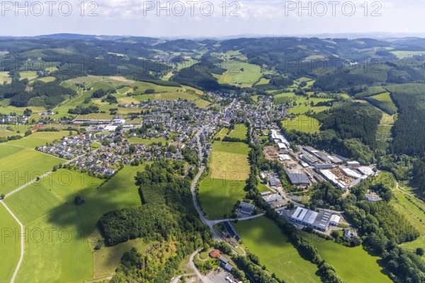Aerial view, industrial estate Kalkwerkstraße and view of Fretter, Finnentrop, Sauerland, North Rhine-Westphalia, Germany, DE, Europe, hilly landscape, aerial view, aerial photography, aerial photography, overview, bird's-eye view, overview