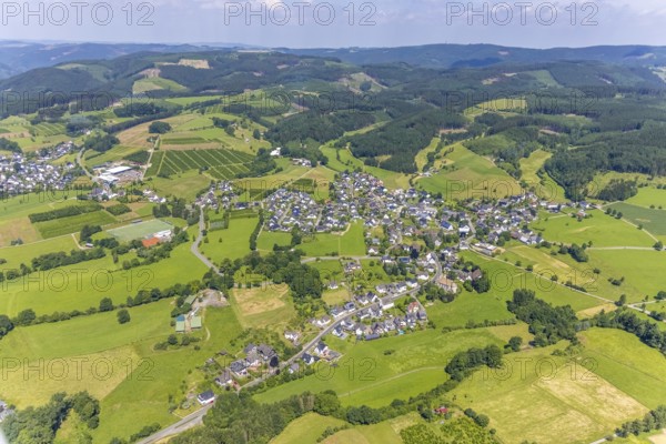 Aerial view, view of Ostentrop, Finnentrop, Sauerland, North Rhine-Westphalia, Germany, DE, Europe, property tax, hilly landscape, real estate, aerial view, aerial photography, aerial photography, overview, bird's-eye view, forest, forest area, meadows and fields, residential area, living and living, residential area, residential buildings, quality of life, birds-eyes view, overview