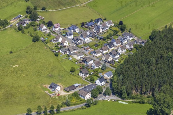 Aerial view, housing estate at the edge of the forest in Schönholthausen, Finnentrop, Sauerland, North Rhine-Westphalia, Germany, DE, Europe, property tax, Im Born, real estate, aerial view, aerial photography, aerial photography, overview, bird's-eye view, edge of the forest, housing estate, housing and living, residential area, residential buildings, housing quality, housing estate, birds-eyes view, overview