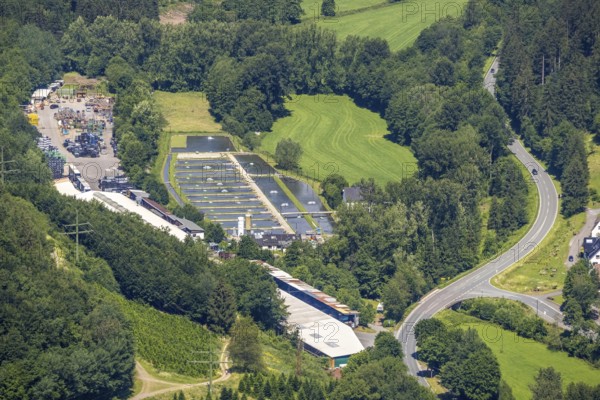 Aerial view, Rameil Forellenzucht in Müllen, industrial estate Mauro GmbH and MTS Finnentrop, Weringhausen, Finnentrop, Sauerland, North Rhine-Westphalia, Germany, DE, Europe, fish farm, fish farm, commercial enterprises, commercial area, industrial estate, commercial location, commercial use, industrial area, industrial building, industrial location, aerial view, aerial photography, aerial photography, overview, bird's-eye view, overview